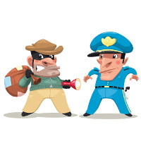 cartoon police officer arresting thief